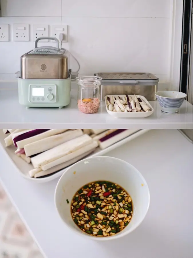 Steamed egg with meat foam + steamed eggplant + rice [September Beiding Steamed Stew Recipe] step 0