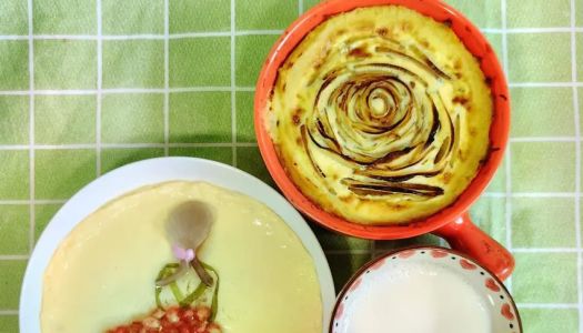 Today's breakfast: Goddess steamed egg, sweet potato, rose apple tart, hot milk