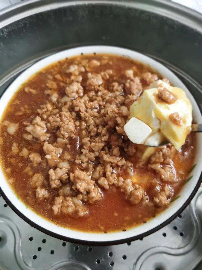 Minced meat, tofu and egg custard