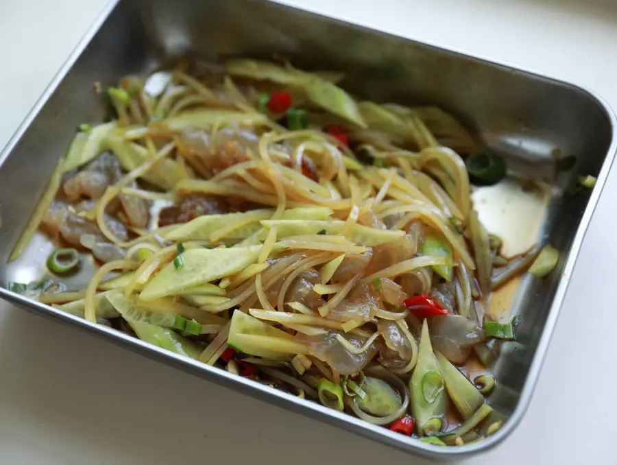 Summer refreshing dish - cold cucumber, jellyfish, shredded potatoes step 0