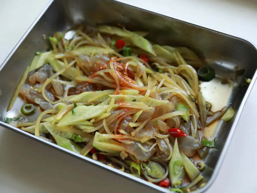 Summer refreshing dish - cold cucumber, jellyfish, shredded potatoes step 0