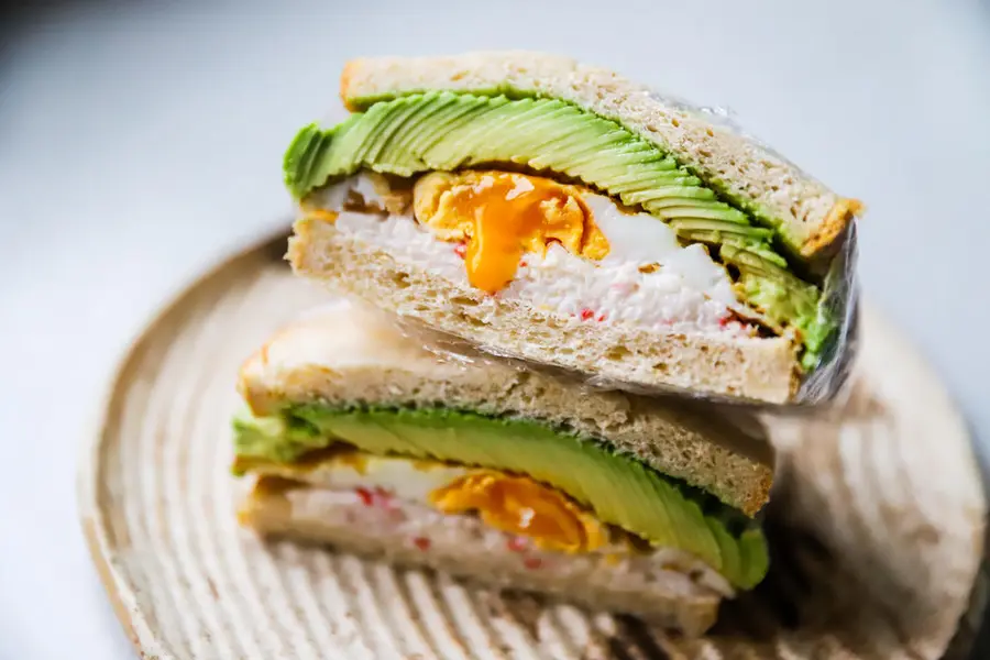 Crab salad, eggs, avocado sandwiches