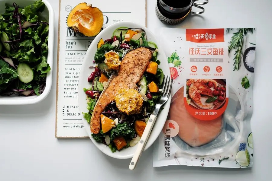 Miso pumpkin salmon salad with mixed vegetables