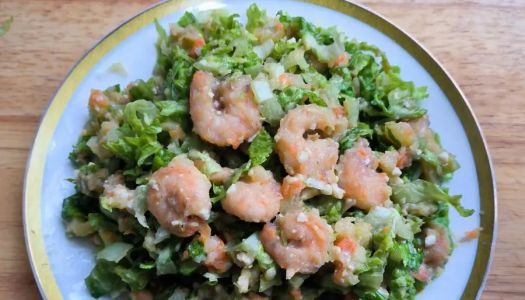 Shrimp, mashed potatoes, lettuce salad