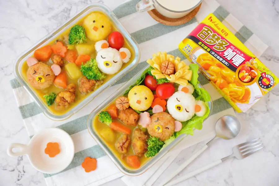 Energetic fried chicken curry cartoon bento