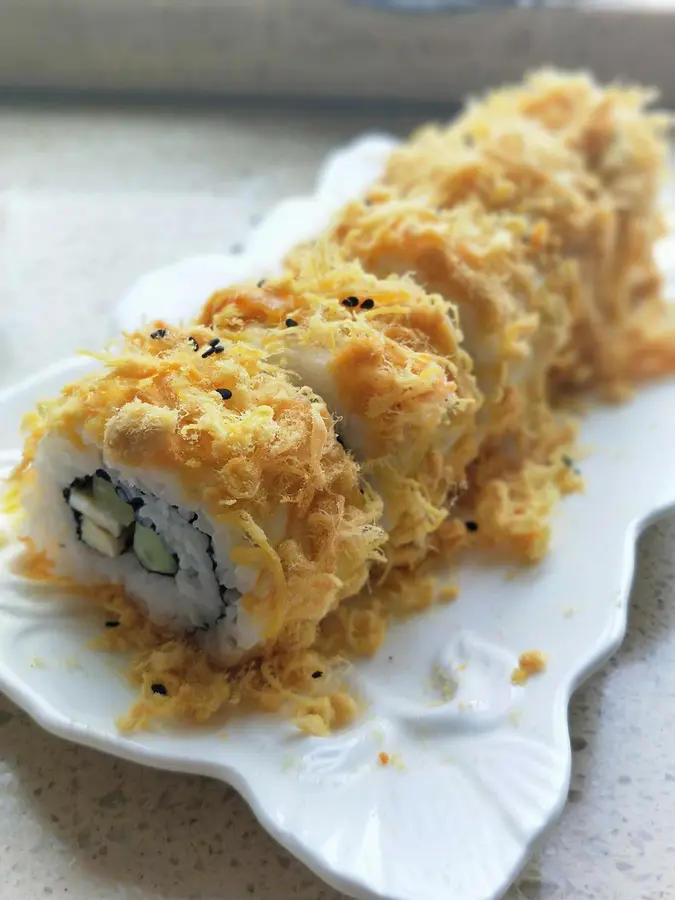 Golden meat floss sushi step 0