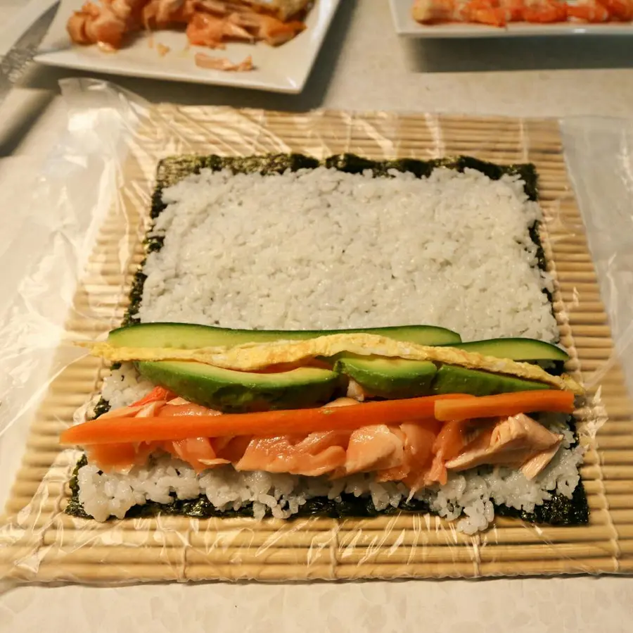 Salmon and Avocado Sushi Roll (Smoked Salmon Sushi Sandwich Rice Ball) step 0