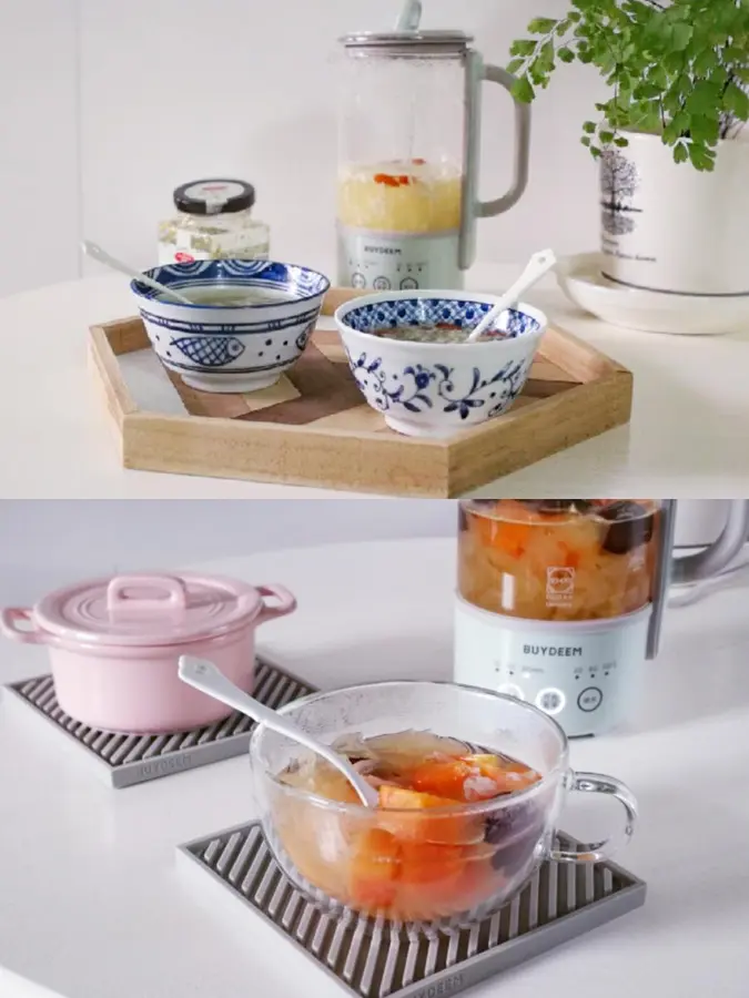 DIY lazy afternoon tea!Papaya, red dates, !️ white fungus soup,  osmanthus wine stuffed small balls【Beiding Mini k health pot recipe】