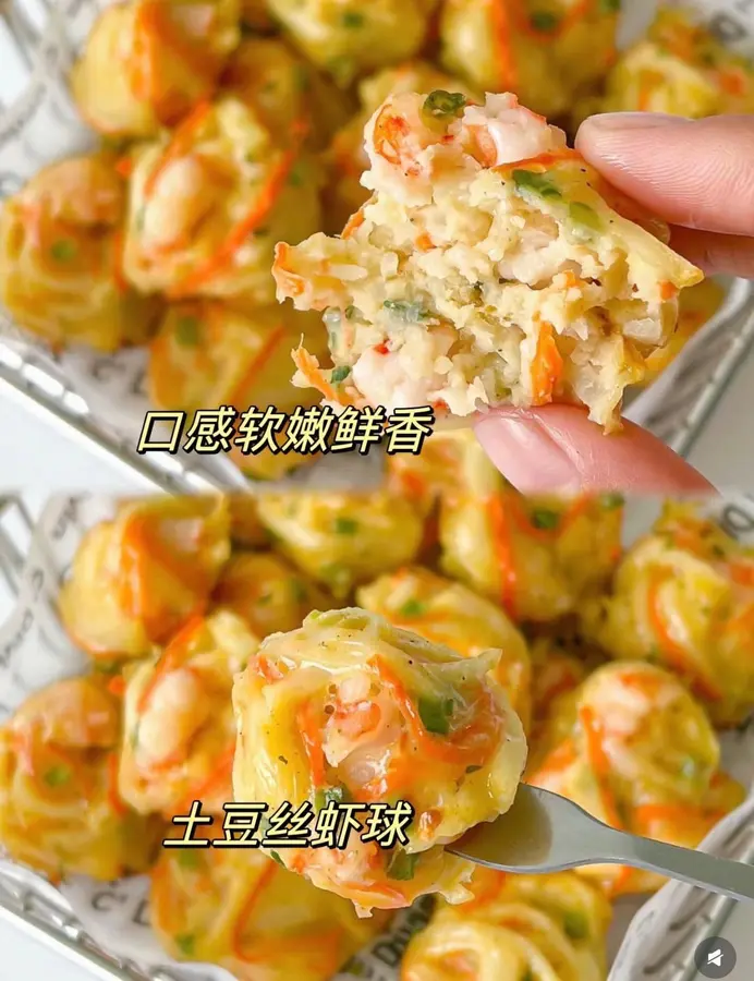 Shredded potatoes and shrimp balls (snacks, low calories.)