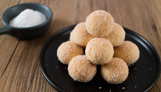 Golden desiccated coconut balls with a rich coconut aroma