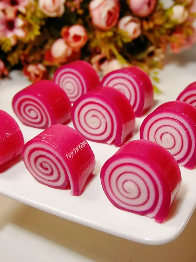 Dragon fruit coconut milk rolls and water chestnut cakes