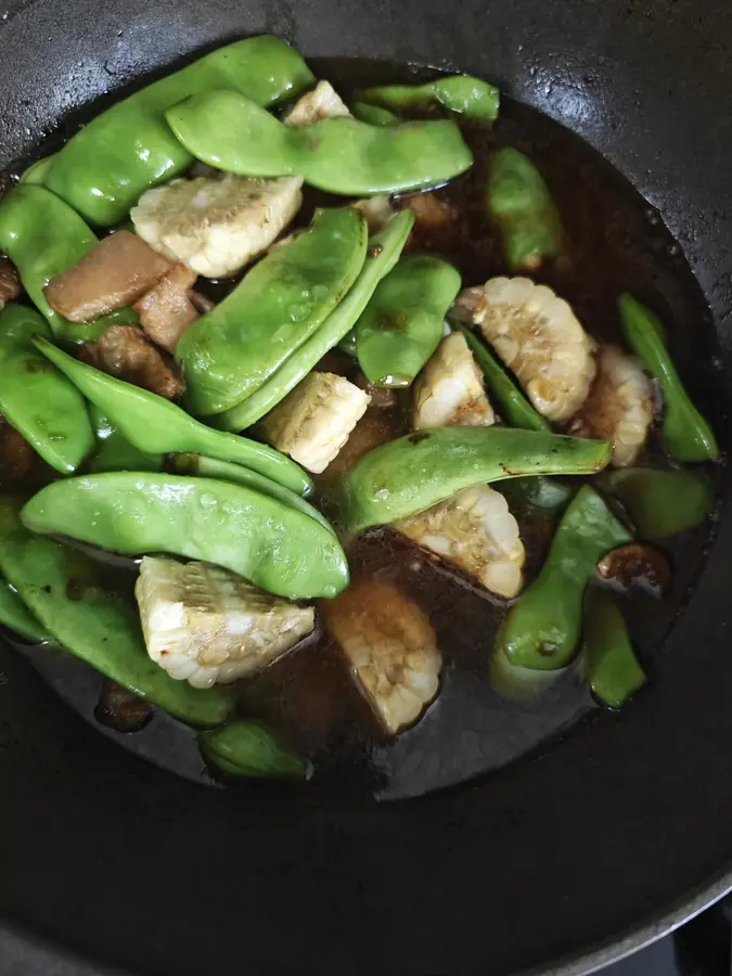 15 minutes fast dish - pork belly stewed oil beans + corn step 0