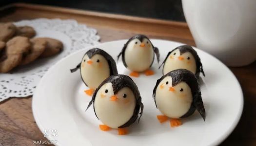 Creative meal for children: cartoon penguin quail eggs