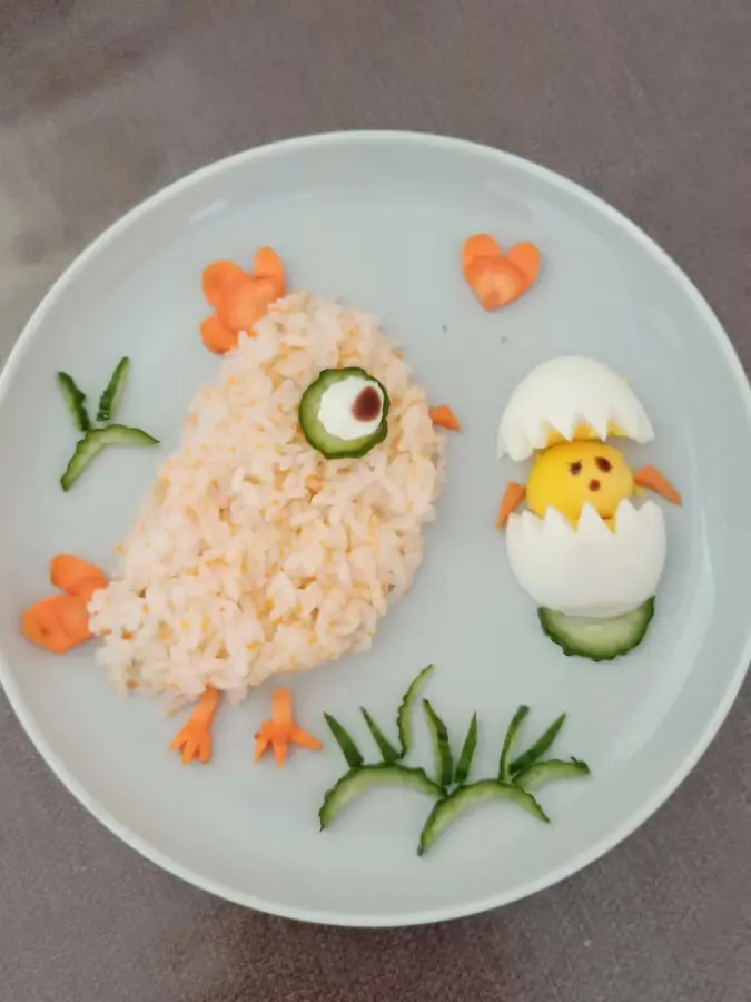 Creative breakfast for children--- chick mother and daughter