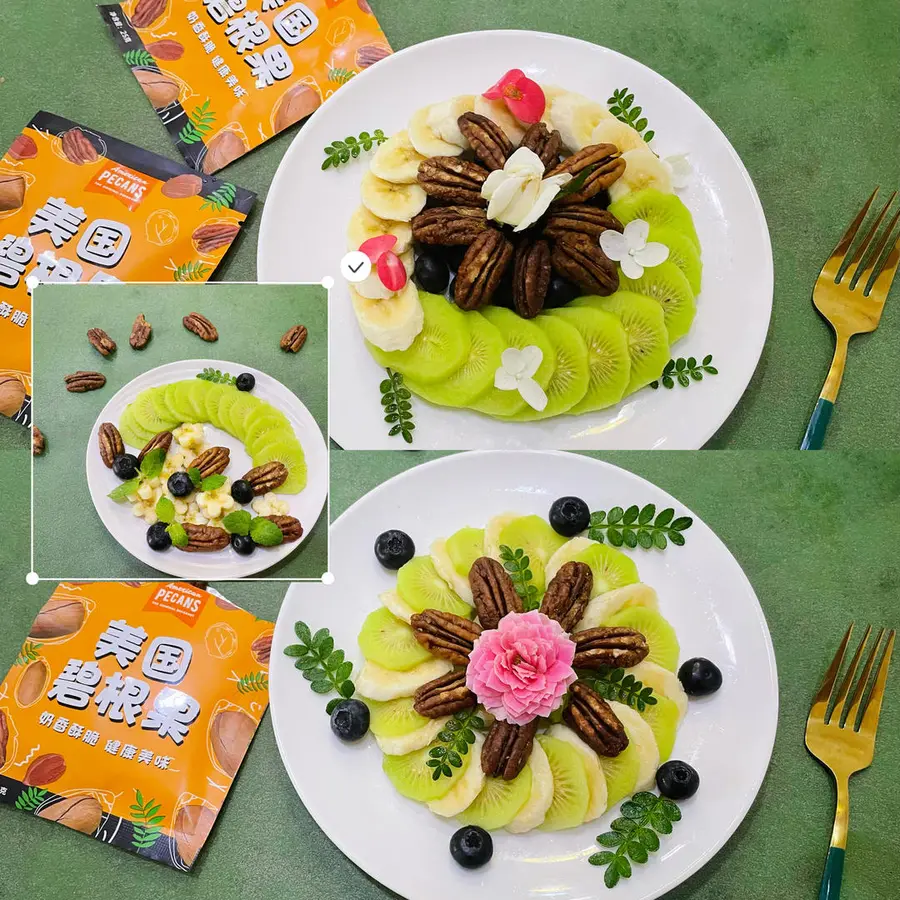 A creative platter of pecans and fruits