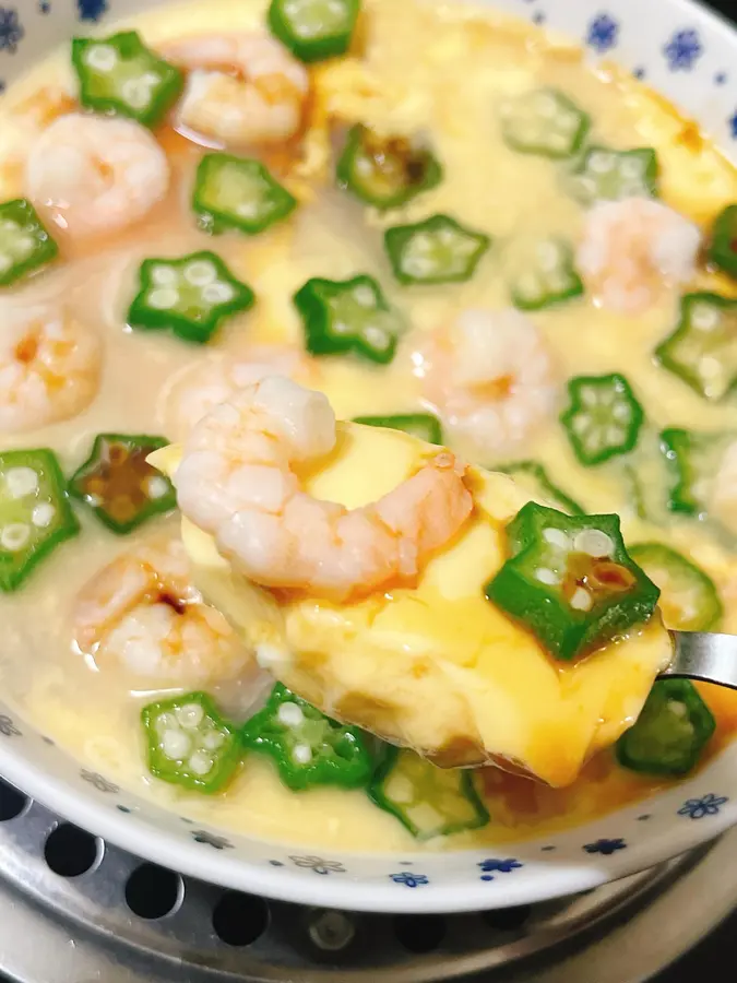 Steamed eggs with shrimp okra