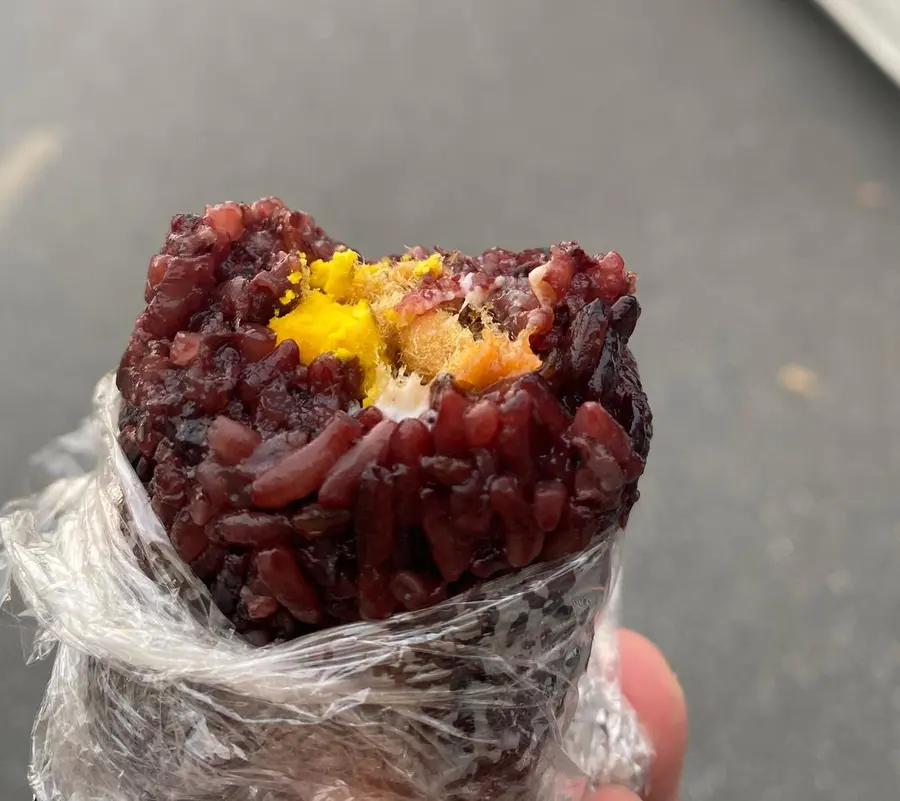 Purple rice balls for school breakfast